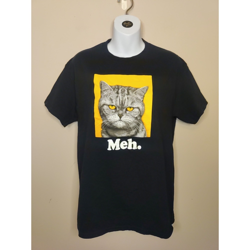 DOM Men Black Yellow Meh Humor Cat Theme Cotton Shortsleeve T-shirt Size M